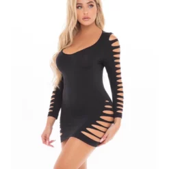 Pink Lipstick Lingerie Bold Babe Longsleeve Dress Black One Size