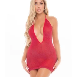 Pink Lipstick Lingerie Love Bite Plunge Halter Dress Red One Size